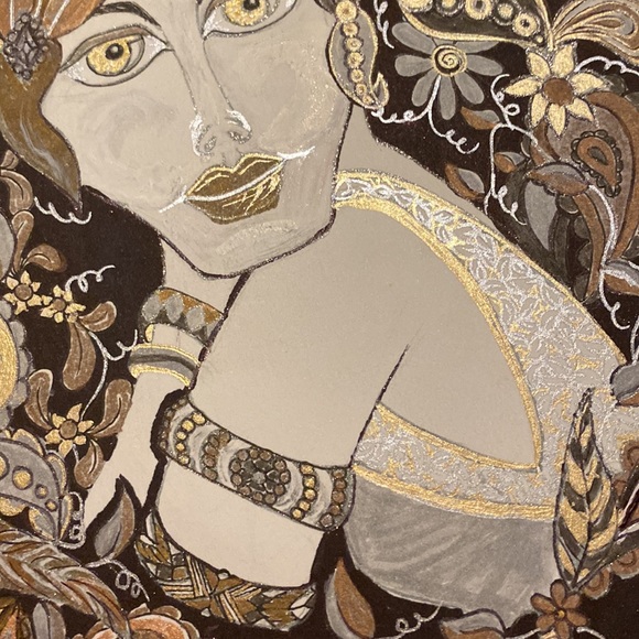 Unframed Original Art Drawing Illustration Metallic Flapper Portrait - Picture 3 of 5